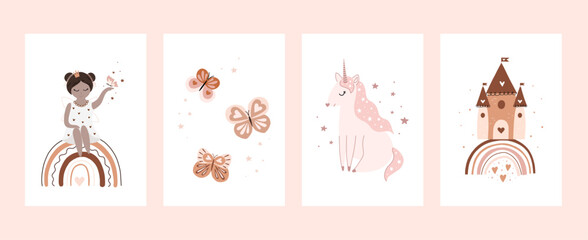 Cute cards in soft pastel colors for children. Hand drawn graphics for children's clothing. Use for printing, fashion children's clothing. Butterflies, unicorn, fairy and rainbow