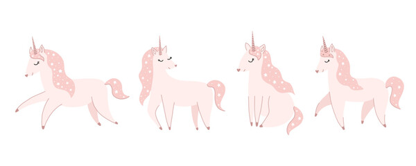 Vector illustration of cute hand drawn unicorns. Magic doodle illustration for baby