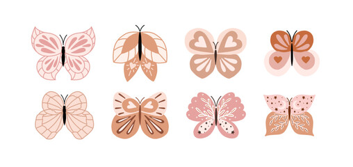 Cute butterflies, vector hand drawn collection set on isolated white background. Hand drawn vector illustrations for baby. Beautiful boho butterflies for children