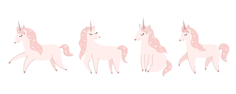 Vector illustration of cute hand drawn unicorns. Magic doodle illustration for baby