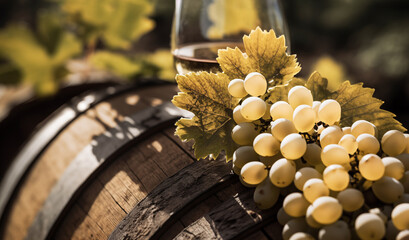 Wine Glass with Chardonnay Grapevine tasting. Vino Degustation in vineyard. Wine barrels. Vine Winemaking in Winery Barrel room. Wines Barrels In Winery Cellar. Wine Glass and Grape on oak barrels - obrazy, fototapety, plakaty