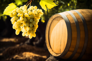 Vineyard with Chardonnay Grapevine tasting. Vino Degustation in vineyards. Wine barrels. Vine Winemaking in Winery Barrel room. Wines Barrels In Winery Cellar. Wine Glass and Grape on oak barrels. - obrazy, fototapety, plakaty