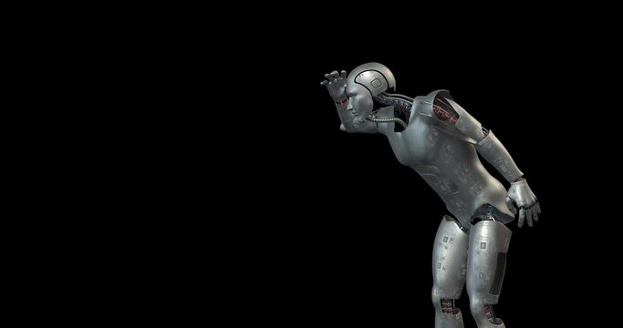 A Curious Bionic Robot Looking Around. Alpha Channel. Technology Related 3D Animation.