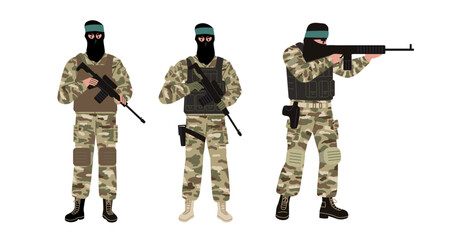 Palestinian military men with weapon. Israeli-Hamas conflict. Armed soldiers in Middle East. War crises. Arab uniform. Vector illustration.