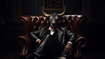 Bull with human body sitting in couch..  - obrazy, fototapety, plakaty
