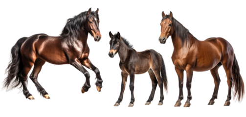 Group of bay horses: mare, stallion and foal, animal family isolated on transparent background. PNG clip art elements.