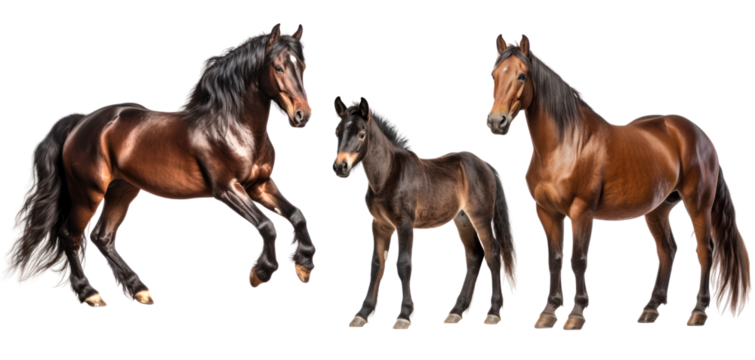 Group of bay horses: mare, stallion and foal, animal family isolated on transparent background. PNG clip art elements.