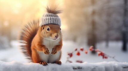 close up squirrel in winter landscape