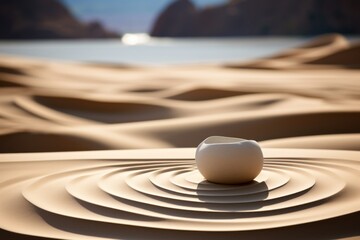 Peaceful Zen meditation garden on a sandy surface with stones for relaxation and harmony. - obrazy, fototapety, plakaty