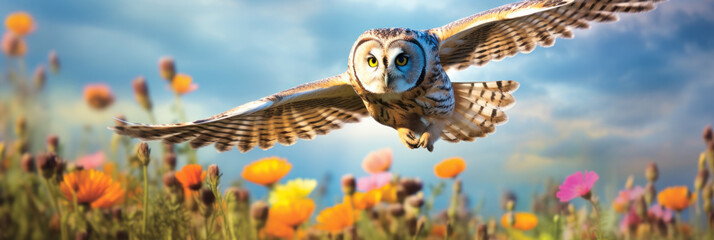 Beautiful flying owl on spring field full of bright wild flowers. Forest bird portrait. Splash...