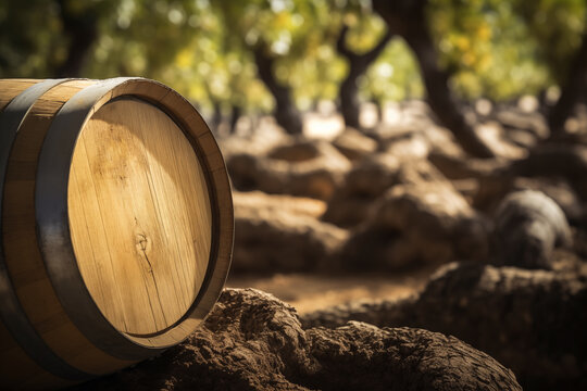 Vineyard with Chardonnay Grapevine tasting. Vino Degustation in vineyards. Wine barrels. Vine Winemaking in Winery Barrel room. Wines Barrels In Winery Cellar. Wine Glass and Grape on oak barrels.