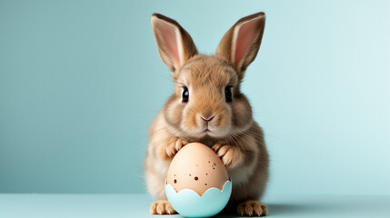 Fototapeta na wymiar Easter bunny and egg on blue background. Happy Easter concept. AI Generative