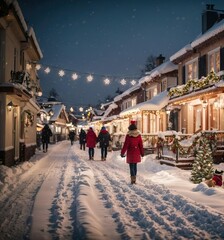 People walking in an image depicting the charm of Christmas lights adorning houses and streets during the snowy season. 