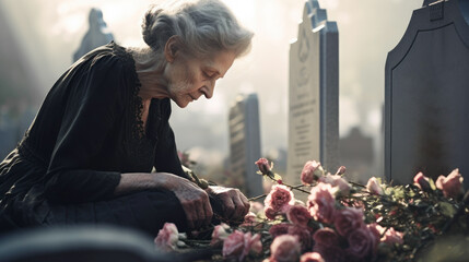 An elderly woman sits at the grave with flowers in the cemetery - obrazy, fototapety, plakaty