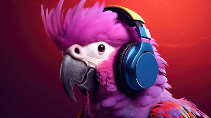 A bright parrot in headphones listens to music on a red background. Place for text, copyspace