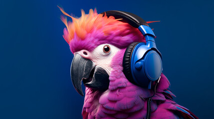A bright parrot in headphones listens to music on a blue background. Place for text, copyspace