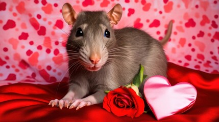 Valentine's day horizontal greeting card with cute rat.