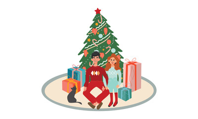 Postcard for Christmas and New Year. A young family couple sits near a decorated Christmas tree and poses. Vector illustration.