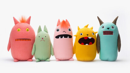 Funny soft children's plush toys on a white background