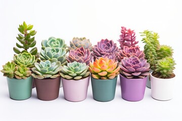 Different types of succulents on white background