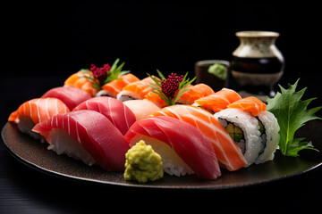 A plate of sushi with a variety of nigiri, sashimi, and rolls. Generative Ai