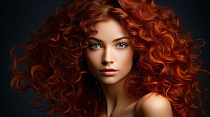 Fototapeta premium Portrait, close-up, of young and beautiful Caucasian woman, redhead, with long curly hair. Beauty advertising concept.