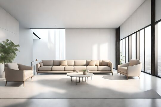 minimal style living room 3d render there are concrete floor white wall finished with  beige color furniture the room has large windows looking  out to see the senery
