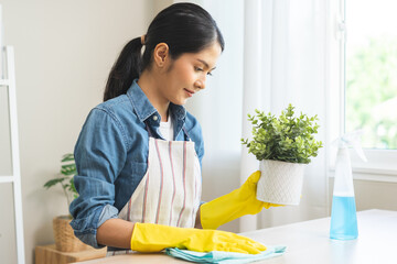 Cleaning hygiene asian young woman wearing protection rubber yellow gloves while clean up holding...