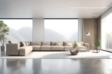minimal style living room 3d render there are concrete floor white wall finished with  beige color furniture the room has large windows looking  out to see the senery