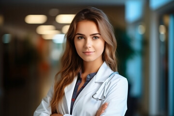Beautiful young scientist in white coat in modern Medical Science Laboratory.