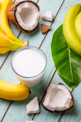 Banana coconut fresh cocktail; delicious milkshake, coconut milk or coconut water