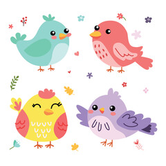 set birds surrounded by flowers and leaves in pastel colors