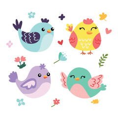 set birds surrounded by flowers and leaves in pastel colors