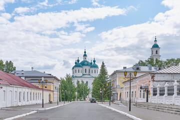 Fototapeta na wymiar Spassky Cathedral, Spasskaya street in historic downtown of Yelabuga, Russia.