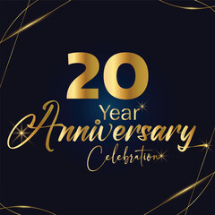 20 years gold anniversary celebration simple logo, isolated on dark background