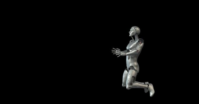 Desperate Humanoid Robot Kneeling Down And Begging. Alpha Channel. Technology Related 3D Animation.