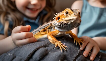 Child playing with a bearded dragon. Lizard in kids lap.