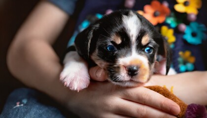 Cute puppy held in little children's hands. Close up