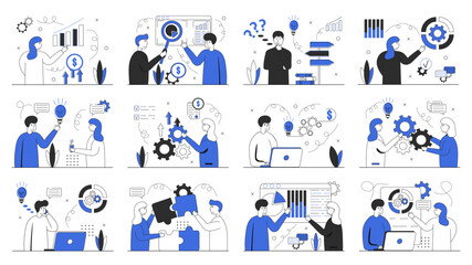 Fototapeta premium Set Business illustrations. big set. Collection of scenes with men and women taking part in business activities. Vector illustration in blue color on a white background.