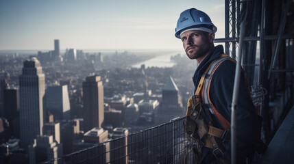 Construction worker on the roof of a skyscraper. Construction . Safety requirements.