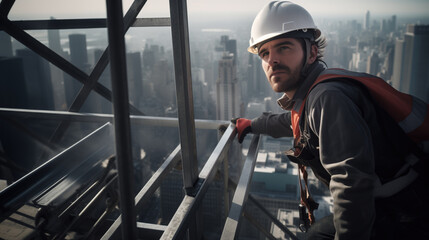 Construction worker on the roof of a skyscraper. Construction . Safety requirements.