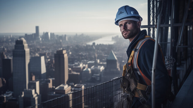 Construction worker on the roof of a skyscraper. Construction . Safety requirements.