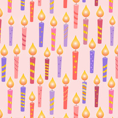Seamless pattern of colored candles for gift packaging design, vector.