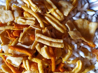 Closeup of mix namkeen crunchy farsan indian snack food