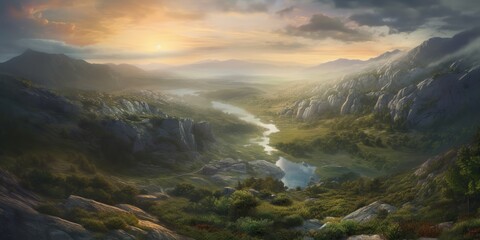 AI Generated. AI Generative. Nature outdoor mountain landscape background with green hill rocks and river. Graphic Art