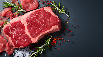 raw beef steak with rosemary - Meat, Top view, commercial design. - Darker background