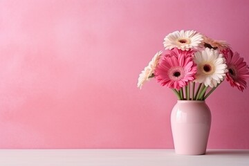 Pink gerbera flowers in a vase on table with pink wall background. copy space, High quality photo