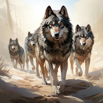 illustrated wolf pack on sand path under cloudy blue sky
