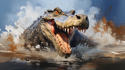 dynamic close-up of alligator with open mouth in splashing wate - obrazy, fototapety, plakaty