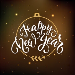 Happy New Year handwritten text. Modern brush ink calligraphy, hand lettering. Sparkling magical particles and stars. Golden textured letters.Vector holiday illustration for greeting card, poster 
